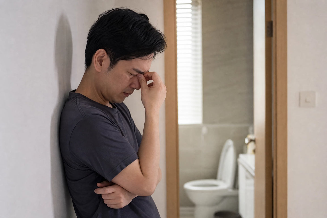 男子在家因腸胃不適感到疲憊 腸易激綜合症常見困擾