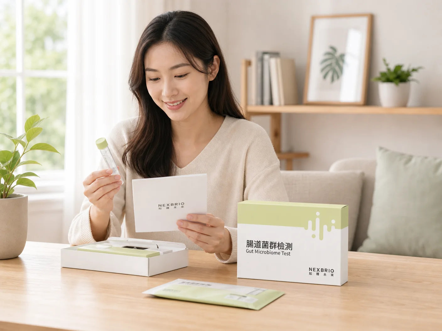 女士查看NEXBRIO腸道菌群檢測套裝與報告   居家採樣檢測